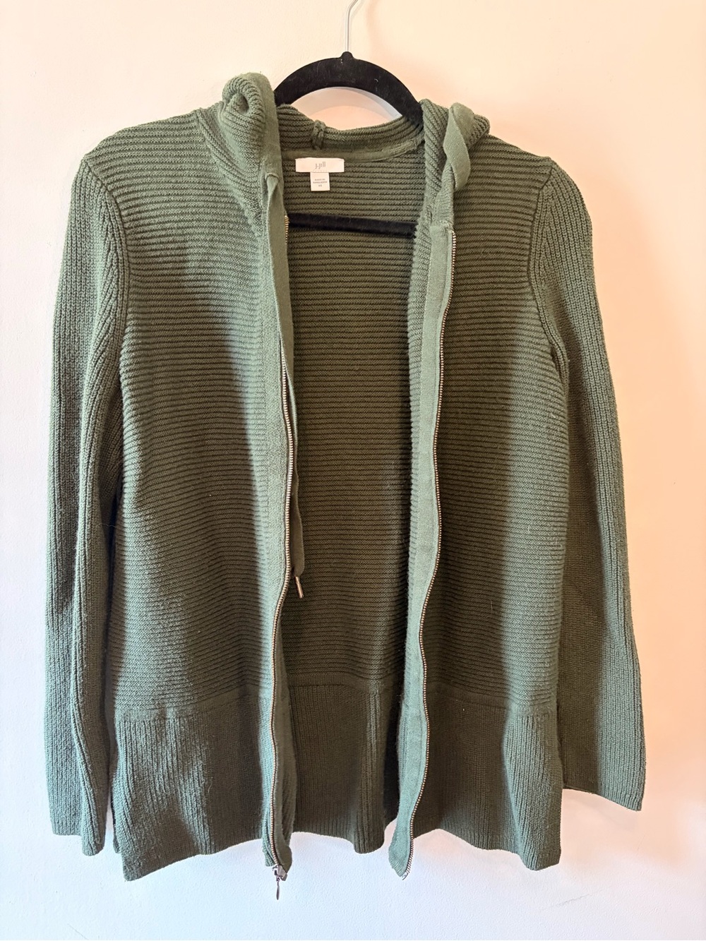 J. Jill Olive Green Hooded Zip-Front Ribbed Cardigan Size XS